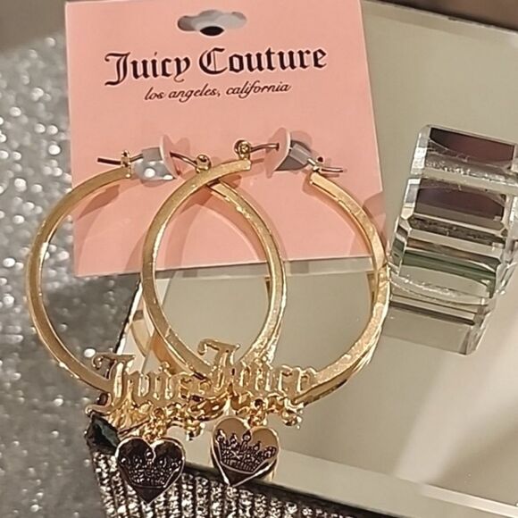 Juicy Couture Logo Drop Heart Crown Hoop Earrings - Picture 2 of 6